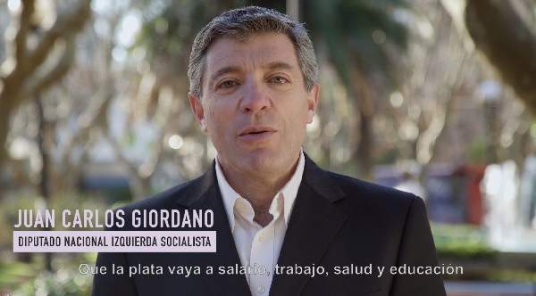 En un anticipo de los spots que se verán a partir de mañana, el candidato a Diputado Nacional por la provincia de Buenos Aires, Juan Carlos Giordano, llamó a suspender los pagos de la deuda externa para que esa plata "vaya a trabajo, salario, salud y educación."