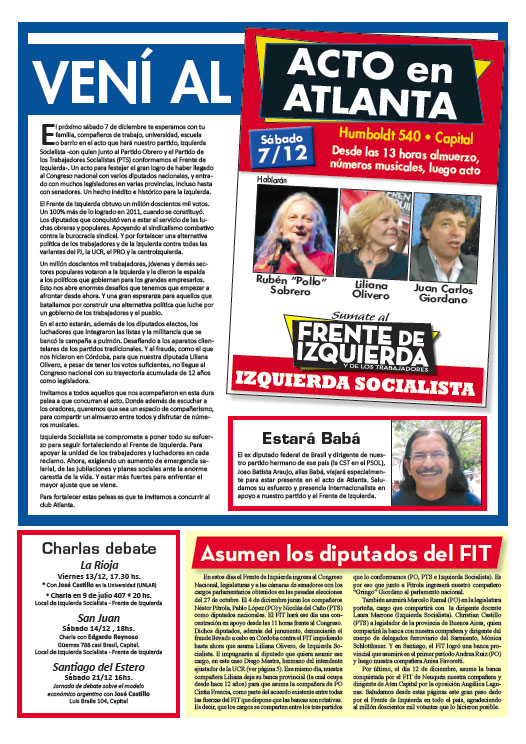 Contratapa de la edición Nº 258 de nuestro periódico "El Socialista" - 27/11/2013