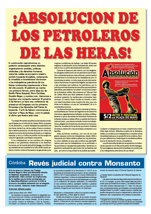 Contratapa de la edición Nº 260 de nuestro periódico "El Socialista" - 23/01/2014