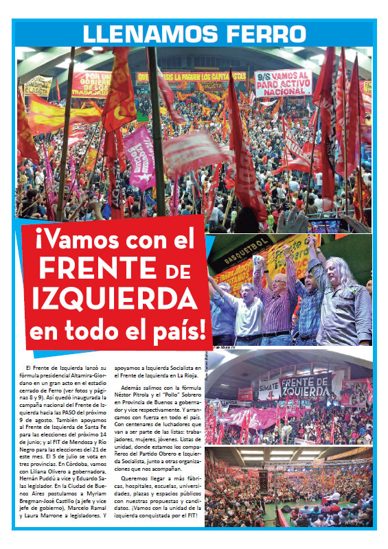 El Frente de Izquierda lanzó su fórmula presidencial Altamira-Giordano en un gran acto en el estadio cerrado de Ferro