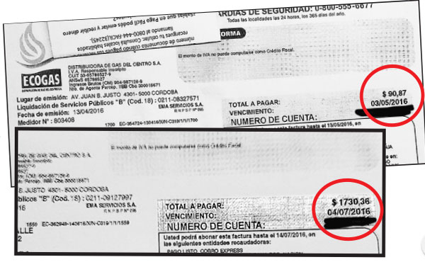 Una boleta de gas (Córdoba): de 90 pesos en el bimestre anterior pasó a 1.730 pesos
