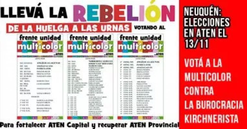 Neuquén: elecciones en ATEN el 13/11 - Votá a la Multicolor contra la burocracia kirchnerista