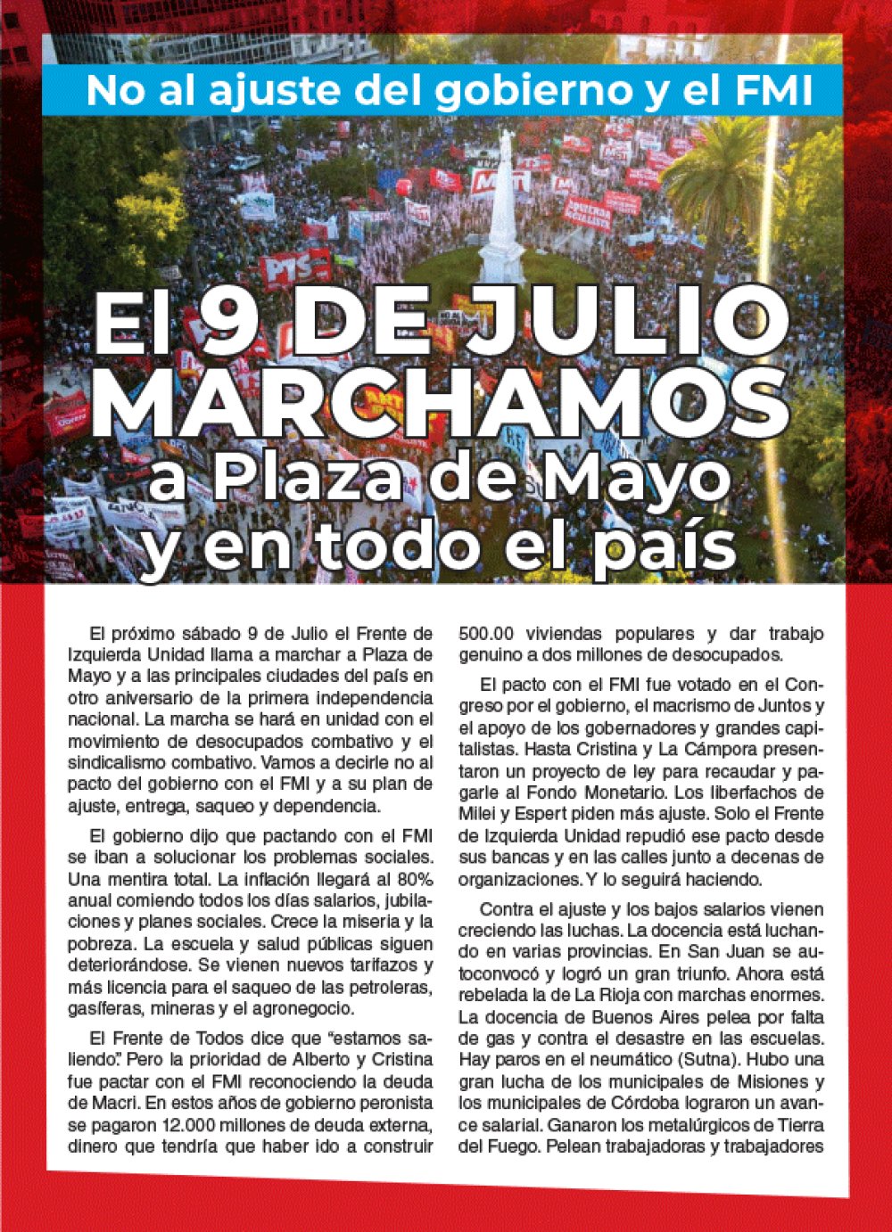 No al ajuste del gobierno y el FMI / El 9 de Julio marchamos a Plaza de Mayo y en todo el país