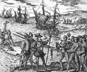 Grabado publicado en la primera historiograf�a sobre la conquista espa�ola del nuevo continente (D�cadas 1601/1615)