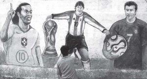 Ni�o ind� pintando a Ronaldinho, Messi y Figo, figuras del pr�ximo mundial