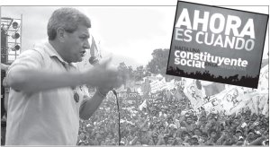 De Gennaro hablando en Jujuy. Ilustra la imagen un afiche promoviendo la Constituyente Social con la consigna �Ahora es cuando�