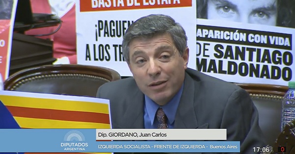 El Diputado Nacional de Izquierda Socialista en el Frente de Izquierda, Juan Carlos Giordano, fustigó en duros términos al Jefe de Gabinete Marcos Peña tras escuchar el informe que dio a los diputados en el día de hoy.