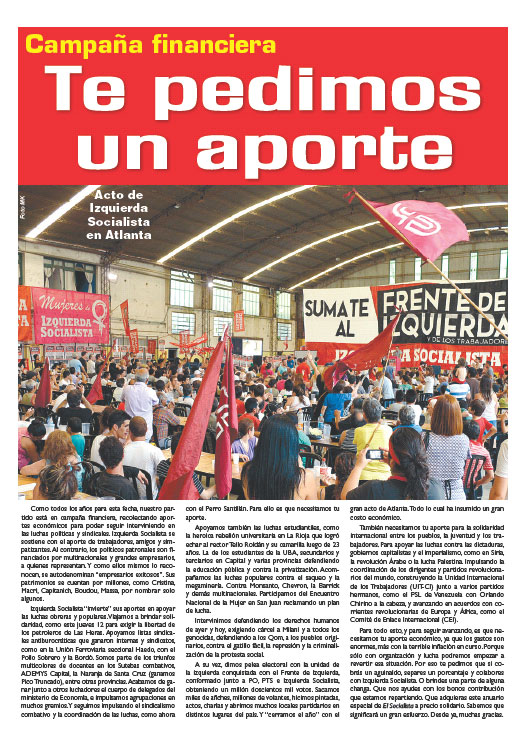 Contratapa de la edición Nº 259 de nuestro periódico "El Socialista" - 13/12/2013