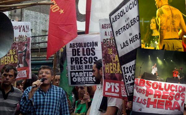 El cantante de Calle 13 (derecha arriba) actuando con la inscripción en la espalda pidiendo por los presos de Las Heras. Abajo, la banda Las Manos de Filippi reclamando lo mismo. A la izquierda, acto unitario frente al Congreso en la jornada del 27, haciendo uso de la palabra Juan Carlos Giordano en nombre de Izquierda Socialista.