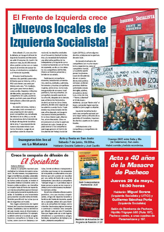 Contratapa de la edición N°268 de nuestro periódico El Socialista