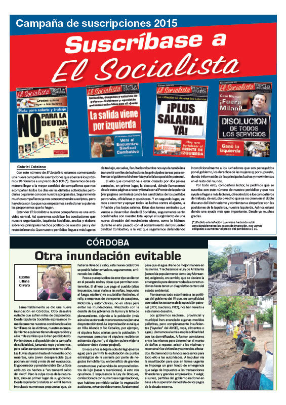 Contratapa de la edición N° 285 de nuestro periódico El Socialista