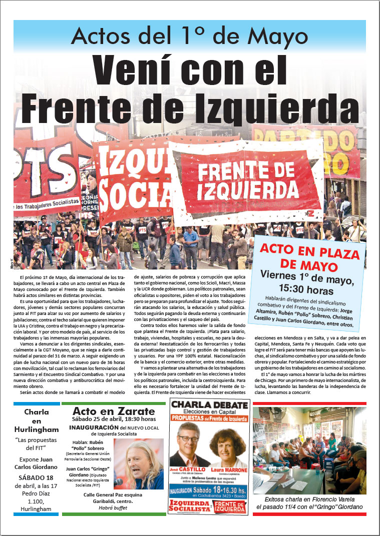 Contratapa de la edición N°289 de nuestro periódico El Socialista