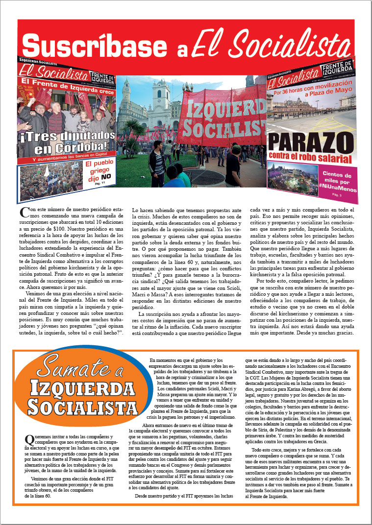 Contratapa de la edición N°298 de nuestro periódico El Socialista