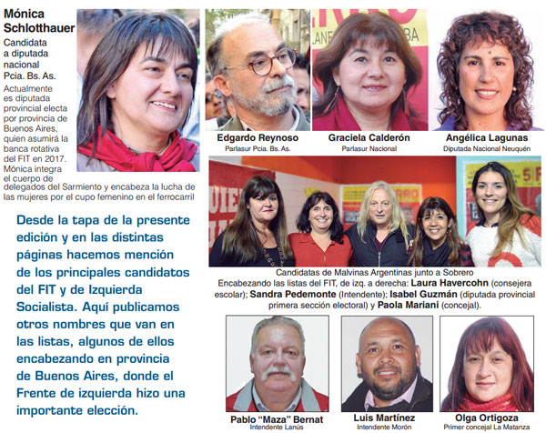 Desde la tapa de la presente edición y en las distintas páginas hacemos mención de los principales candidatos del FIT y de Izquierda Socialista. Aquí publicamos otros nombres que van en las listas, algunos de ellos encabezando en provincia de Buenos Aires, donde el Frente de izquierda hizo una importante elección. 