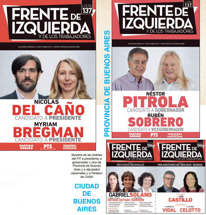 Muestra de las boletas del FIT a presidente, a gobernador y vice de Provincia de Buenos Aires y a diputados nacionales y a Parlasur de CABA 