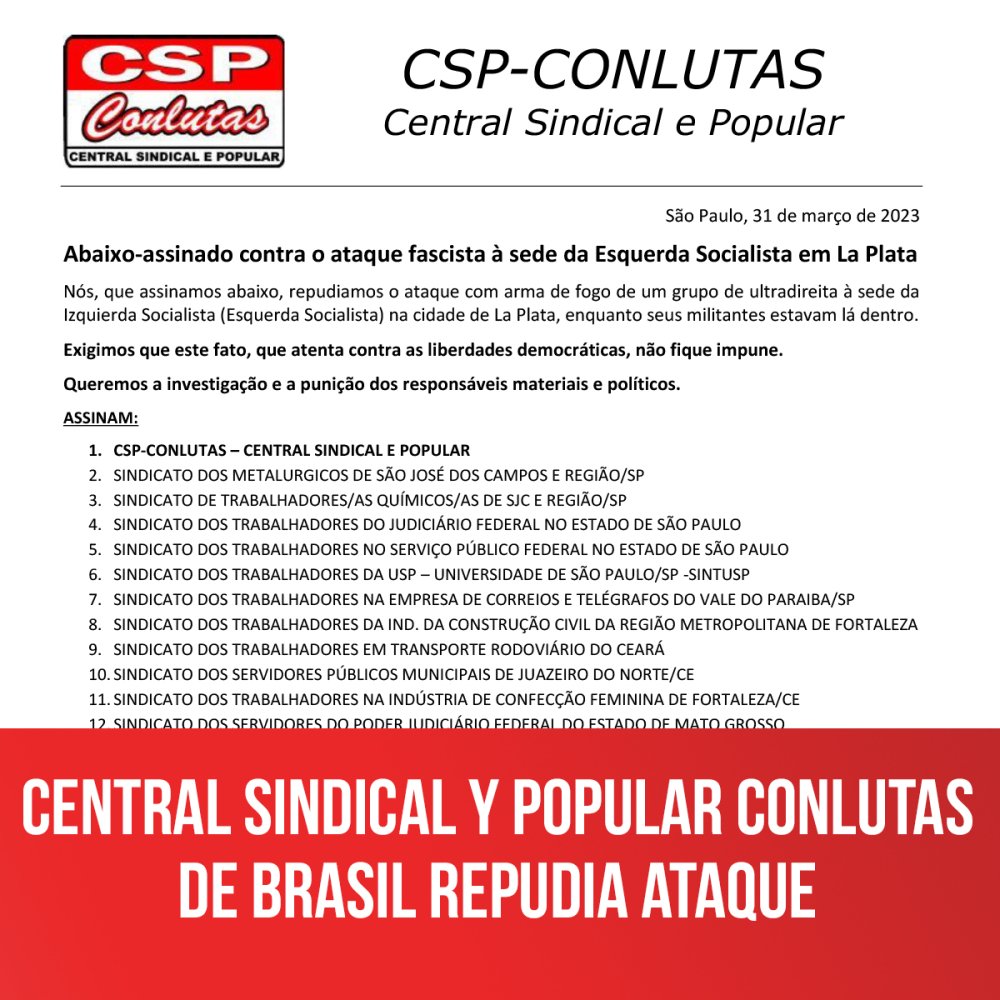 Central Sindical y Popular Conlutas de Brasil repudia ataque