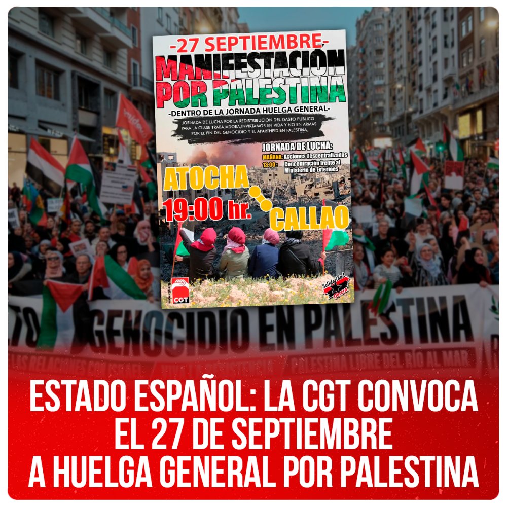 Estado español: la CGT convoca el 27 de septiembre a huelga general por Palestina