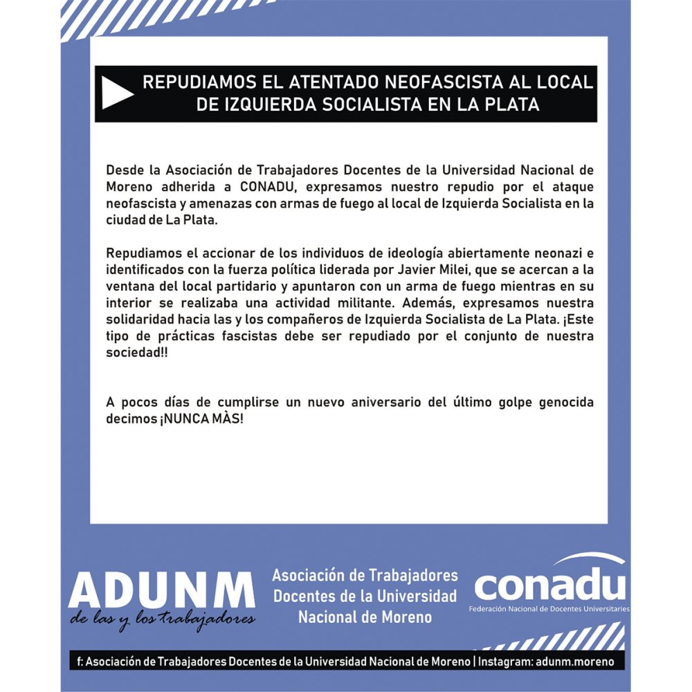 Asociación de Trabajadores Docentes de la Universidad Nacional de Moreno repudia ataque