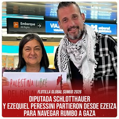 Flotilla Global Sumud 2026 / Diputada Schlotthauer y Ezequiel Peressini partieron desde Ezeiza para navegar rumbo a Gaza