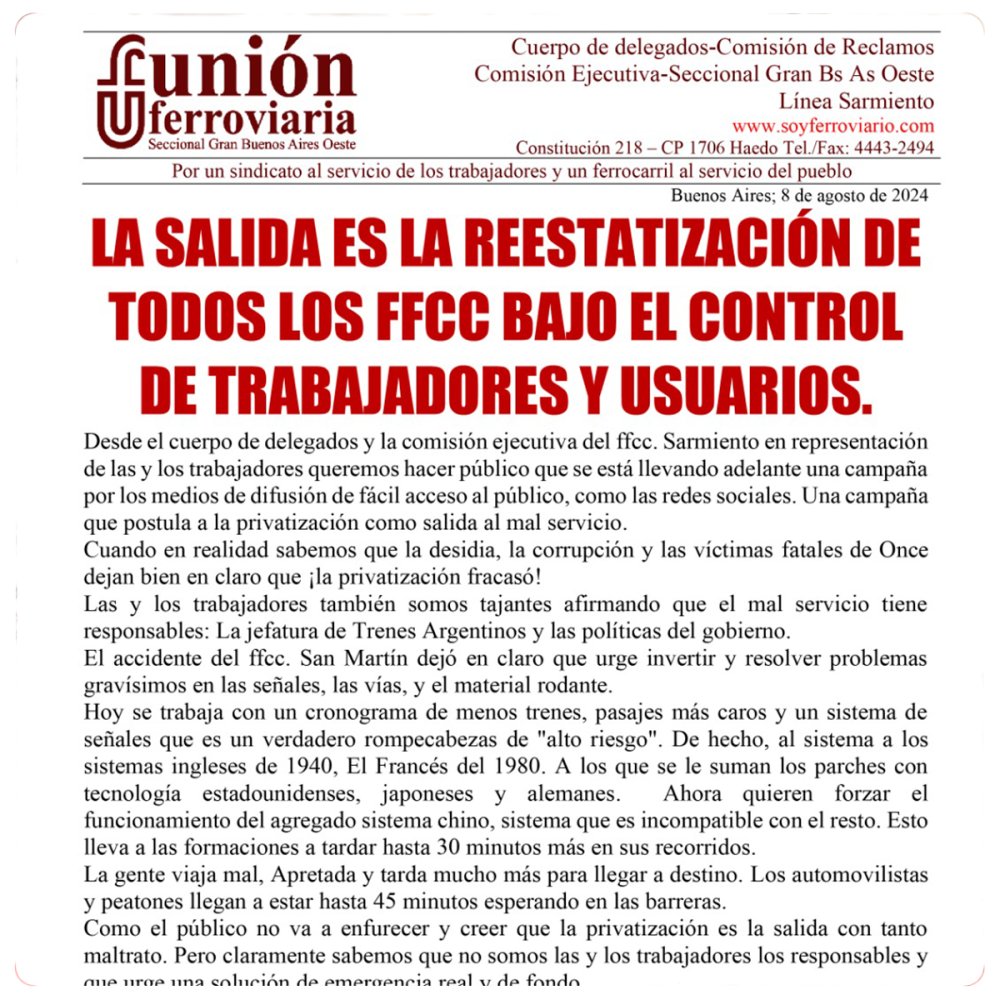 La salida es la reestatización de todos los FFCC bajo el control de trabajadores y usuarios