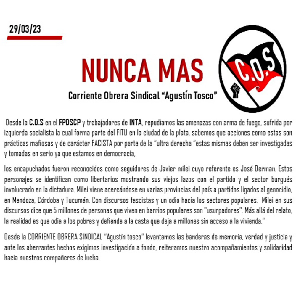Nunca Más - Corriente Obrera Sindical &quot;Agustín Tosco&quot; repudia ataque