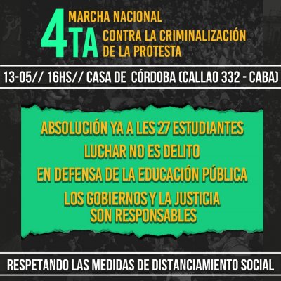 Jueves 13 a las 16 - Callao 332, CABA - Jornada de protesta contra criminalización a estudiantes