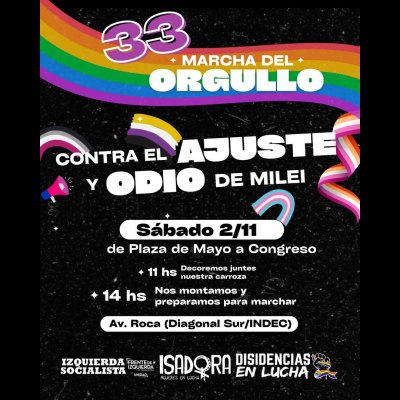 Sábado 2 de noviembre 14hs. de Plaza de Mayo a Congreso / XXXIII Marcha del orgullo