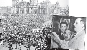 Movilizacin en apoyo a las expropiaciones, marzo 1938. Derecha: Presidente Lzaro Crdenas